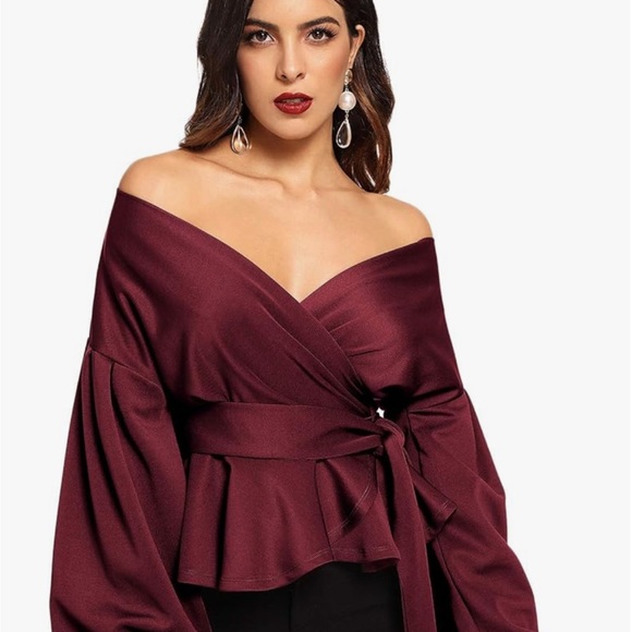 White Long Sleeve Bishop Sleeve Tie Waist Wrap Top/Blouse - Picture 10 of 11